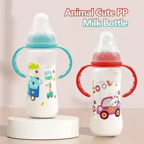 Patrwm cartŵn babi 250ml 0-3 oed gyda handlen botel bwydo capasiti mawr, patrwm anifeiliaid cartŵn, deunydd diogelwch