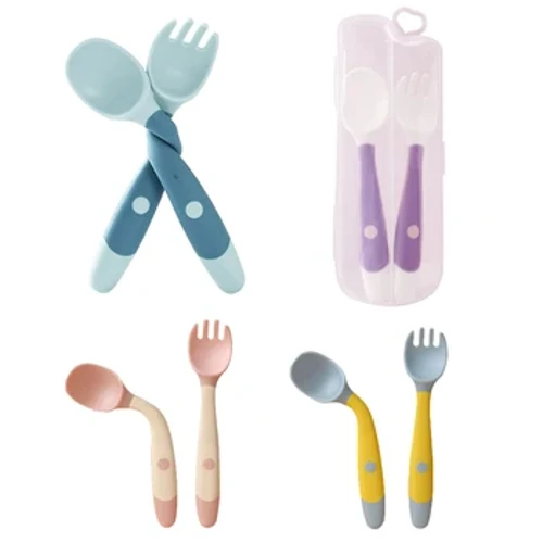 Babi Plant Llwy Fforch Set Meddal Bendable Silicôn Sgŵp Fforch Kit Llestri Bwrdd Hyfforddi Plant Bach Bwydo Offer Cyllyll a ffyrc