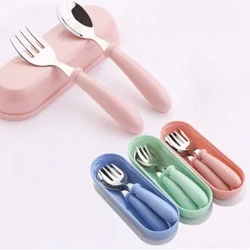 3 pçs crianças colher garfos caixa crianças de aço inoxidável talheres portátil utensílios de alimentação do bebê colheres do bebê conjunto de utensílios de mesa