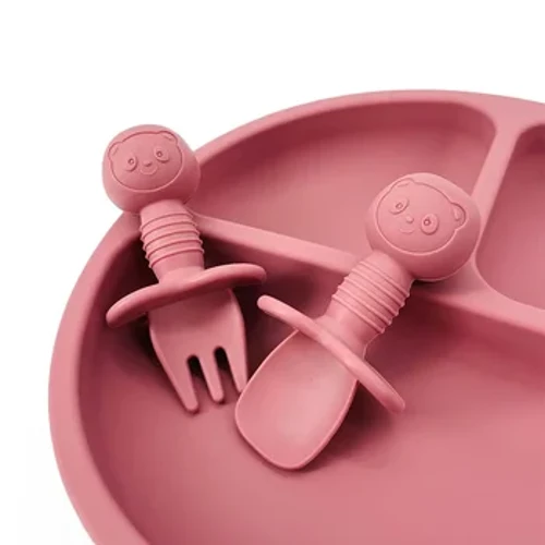 2pcs/set Food Grade Silicone Mini Fork Spoon for Baby Animal Print Utensils Set Feeding Spoon E aʻo i ka ʻai ʻana i nā lako pākaukau a nā keiki.