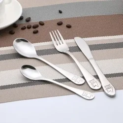4 Pçs/set Colher de Chá Do Bebê Colher de Alimentação Garfo Faca Utensílios Conjunto de 4 Crianças de Aço Inoxidável Aprendizagem Hábito Alimentar
