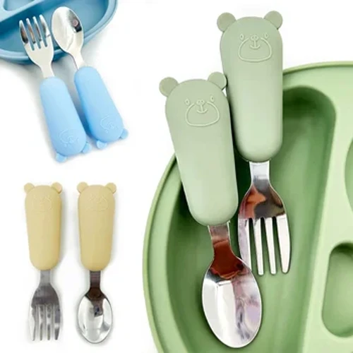 Conjunto de utensílios de mesa para bebês, utensílio de aço inoxidável para crianças pequenas, talheres de desenhos animados, colher de alimentação infantil, garfo