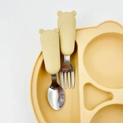 Conjunto de utensílios de mesa para bebês, utensílio de aço inoxidável para crianças pequenas, talheres de desenhos animados, colher de alimentação infantil, garfo