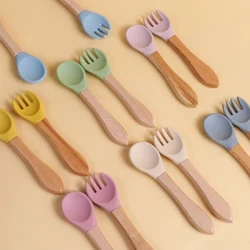 Mini fourchette cuillère en Silicone de qualité alimentaire, ensemble d'ustensiles imprimés en bois pour bébé, cuillère d'alimentation, apprendre à manger, vaisselle pour enfants 2 pièces/ensemble