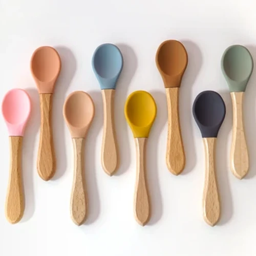 Cuchara de silicona con mango de madera para alimentación, utensilios para bebé, comida sólida, entrenamiento para niños, capacidad de manipulación, vajilla para niños
