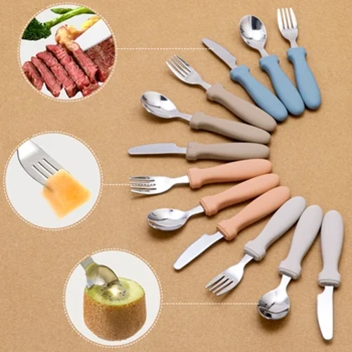 Mới Cho Bé Ăn Tay Cầm Silicone Thìa Inox Bộ Dao Nĩa Bé Tập Ăn Đồ Dùng Cai Sữa Trẻ Em Bộ Đồ Ăn