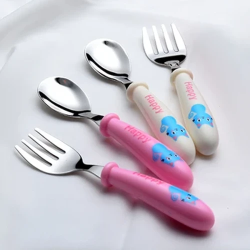 2 Pcs/Set Baby Gadget Tableware Nā Mea Paʻa Stainles Steel Toddler Dinnerware Cutlery Cartoon Infant Food Meaʻai Spoon Fork