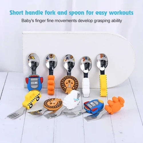 Qshare 2 Pieces Space Rocket Silicone Spoon Fork Stainless Steel Meafaigaluega Seti Pepe Meamea Lau'a'ai Tamaiti A'oa'o