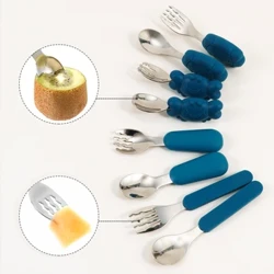 Mới Trẻ Em Thìa Ăn Bộ Nĩa Tay Cầm Silicon Dao Kéo Cua Sư Tử Trẻ Em Bộ Đồ Ăn Đồ Dùng Inox Đồ Dùng Cho Bé
