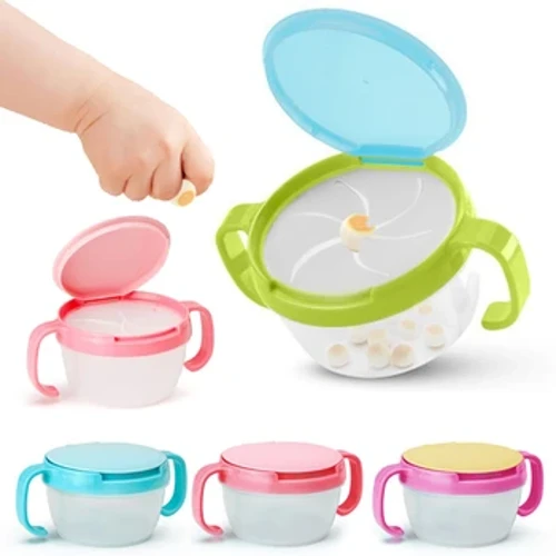 Tazón de alimentación de bebé con doble asa, recipiente para aperitivos, recipiente para galletas a prueba de derrames, caja de almacenamiento de aperitivos, taza a prueba de derrames para niños