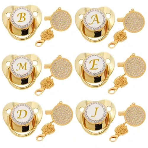 Sucette et attache-sucette pour bébé avec lettre initiale, sans BPA, 26 lettres, nom, tétine en Silicone pour bébé, tétine factice pour nouveau-né scintillante dorée