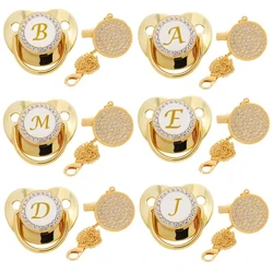 Initial Letter napp och nappklämmor BPA-fri 26 bokstäver Namn Silikon Spädbarnsnipp Guld Bling Nyfödd Dummy napp