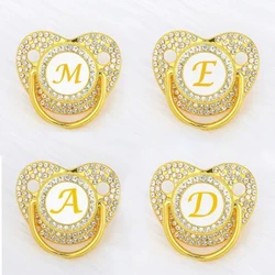 Chupeta para recém-nascidos com zircônia dourada, chupeta com nome e tampa, chupeta personalizada para bebês, manequim infantil de silicone, novo presente de chá de bebê