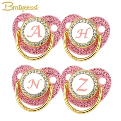 Namn Initialer Nyfödd Napp Lock Lyx Bling Napp Baby Dummy Spädbarn Bitring Småbarn Bröstvårta Prinsessan Baby Shower Present