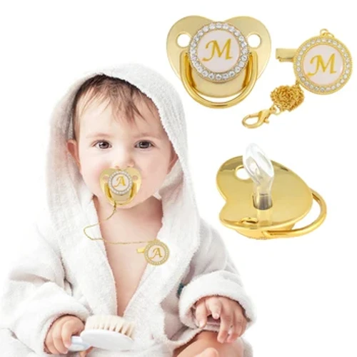 Tên Chữ Cái Đầu Núm Vú Giả Cho Bé Kẹp Vàng Sang Trọng Bling BPA Silicone Núm Vú Giả Kim Cương Giả Trẻ Sơ Sinh Núm Vú Sơ Sinh Giả