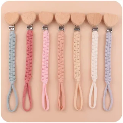 Chaîne de sucette en coton Crochet fait à la main pour bébé, Clip de support factice en forme de cœur en bois pour dentition, soins infirmiers, jouets à mâcher, cadeau de douche
