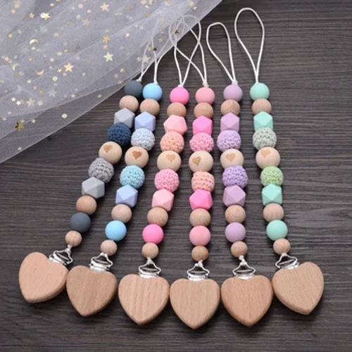 Handgemaach Baby Beech Teether Pacifier Clips Geometresch Crochet Beads Silikon Teether Chain Baby Pacifier Chain Nippel Clip