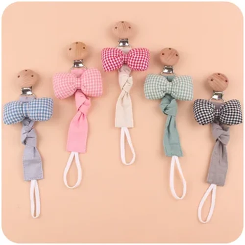 Chupeta de bebê com laço de algodão, corrente de chupeta de madeira de faia, clipe para mordedor de bebê, corrente de dentição, brinquedos de mastigar, presente de chuveiro para meninos e meninas