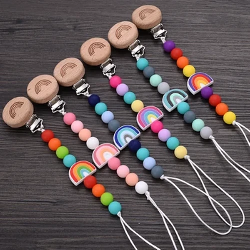 Gỗ sồi Núm vú giả cho bé Kẹp Handmade Hoạt hình Rainbow Silicone Mọc răng Hạt Trẻ sơ sinh Núm vú Dây chuyền Điều dưỡng Đồ chơi Nhai Quà tặng