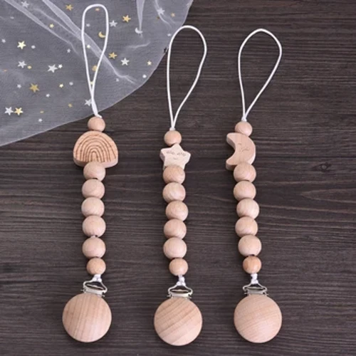 ʻO Baby Beech Wood Pacifier Clip Hand Ring Set Wooden Round Bead Soother Nipple Chain for Nursing Toy Infant Teether Teething Chain
