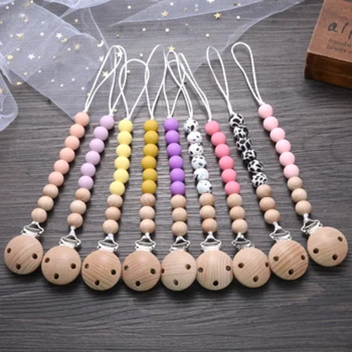 Attache-sucette en bois pour bébé, anneau de dentition en Silicone, perles rondes, chaîne de support factice pour bébé, soins infirmiers, jouets à mâcher, cadeaux de douche