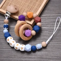 Personnaliséierten Numm Baby Pacifier Chain Beech Wood Nippel Holder Clip Infant Teether Teething Chew Toys Anti-Drop Soother Chain