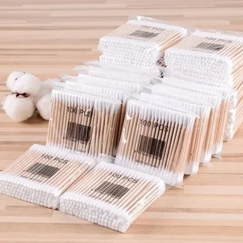 Maşgala paketi 100PCS bir gezek ulanylýan çaga pagta çeňňekleri Iki kelleli agaç tutawaç sanitariýa arassalaýyş gurallary dezinfeksiýa pagta çişleri