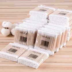 Maşgala paketi 100PCS bir gezek ulanylýan çaga pagta çeňňekleri Iki kelleli agaç tutawaç sanitariýa arassalaýyş gurallary dezinfeksiýa pagta çişleri