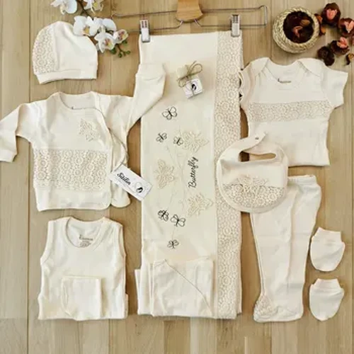 Haurtxoa Tximeleta Beige Brodatua Erramu Natural Organikoa Xaboi 10 Pieza Ospitaleko Outlet Jaioberrien multzoa 0-3 hilabete