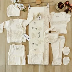 Baby Girl Beige Päiperlek Brodert Bio Natural Laurel Seef 10 Stéck Spidol Outlet Neigebueren Set 0-3 Méint