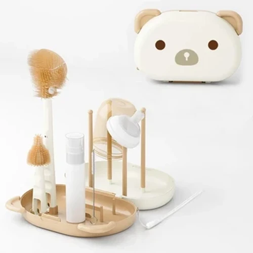 Hoʻonohonoho ʻia ʻo Baby Bottle Cleaner Brush Set i ka nui o ka huakaʻi hoʻomaloʻo ʻo Silicone Cleaning Nipple Straw Cleaner Kit Soap Dispenser Organizer Case