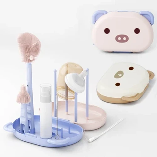 Hoʻonohonoho ʻia ʻo Baby Bottle Cleaner Brush Set i ka nui o ka huakaʻi hoʻomaloʻo ʻo Silicone Cleaning Nipple Straw Cleaner Kit Soap Dispenser Organizer Case