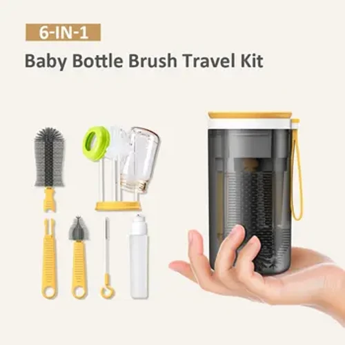 Kit Sikat Botol Bayi Perjalanan Set Pembersih Botol Makan dengan Rak Pengeringan Magnetik/ Dispenser Sabun/ Cangkir Penyimpanan Hadiah Kreatif