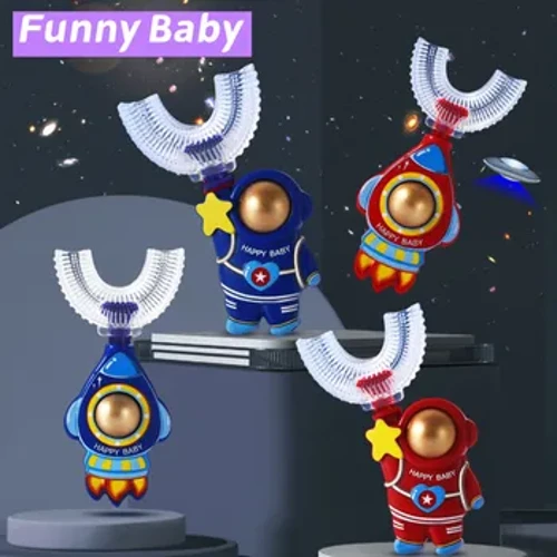 Ibhulashi Lamazinyo Lengane Ikhathuni I-Astronaut Rocket Manual I-Silicone Emise okwe-U Isixubho Samazinyo Izingane Zokunakekelwa Ngomlomo Izixubho Zokuhlanza Izixubho
