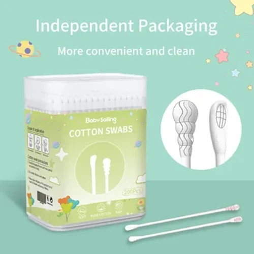 200Pcs/Blwch Babi Pen Dwbl Swab Cotwm Plant Cotwm Glanhau Clust Palu Newydd-anedig Pen Troellog A Swabiau Pen Llwy Clust