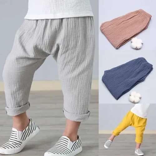 Celana Anak Laki-laki Anak Perempuan Musim Panas Warna Solid Linen Lipit Celana Anak-anak Celana Panjang Kaki untuk Bayi Kasual Celana Harem