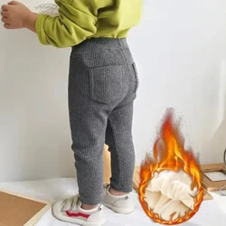 Leggings dulces para niñas, pantalones de terciopelo liso, pantalones cálidos elásticos de algodón para otoño e invierno, pantalones ajustados con cintura elástica para niñas