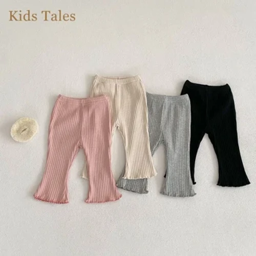 2024 Plant Babi Merched Trowsus Achlysurol Solid Flared Trowsus Babanod Rhesog Cotwm Gwanwyn Elastigedd Legins Toddler Ruffle Pant Hir Ciwt