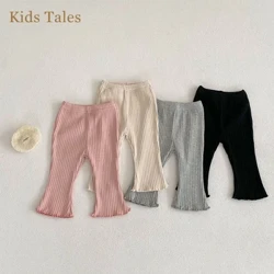 2024 Kids Baby Girls Casual Solid Flared Trousers Infant Cotton Ribbed Spring Elasticity Leggings Toddler Ruffle Cute Long Pant