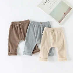Calças casuais para bebês, calças com elástico listrado, cor sólida, roupas infantis para crianças pequenas, meninos e meninas