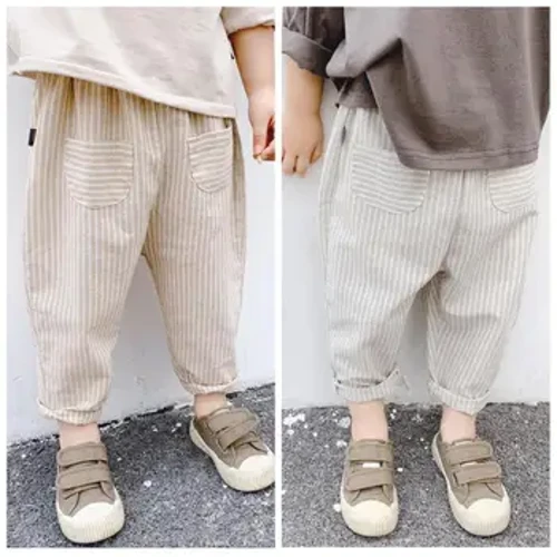 Xuân Hè Trẻ Em Quần Tây Cotton Sọc Trẻ Em Hậu Cung Quần Màu Nguyên Chất Bé Trai Bé Gái Túi Quần Túi Quần Áo