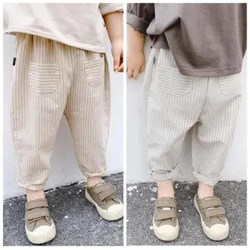 Xuân Hè Trẻ Em Quần Tây Cotton Sọc Trẻ Em Hậu Cung Quần Màu Nguyên Chất Bé Trai Bé Gái Túi Quần Túi Quần Áo