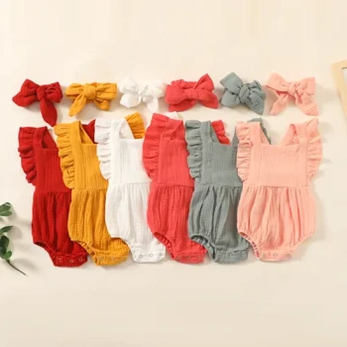 Summer Newborn Infant Baby Girls Romper at Headband Muslin Baby Romper Playsuit Jumpsuit