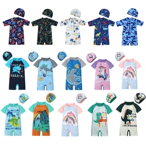 2024 bebê meninos meninas 2 pçs verão praia roupa de banho impressão dos desenhos animados boné + bodysuit infantil terno coreano adolescente roupa de banho