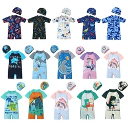 2024 Baby Pojkar Flickor 2st Summer Beach Badkläder Print Tecknad Keps+body Spädbarnsdräkt Koreansk tonårsoutfit Baddräkt