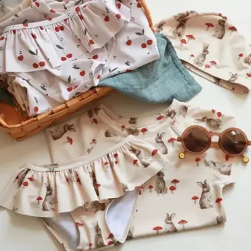 Dillad Nofio Mother Kids 2024 Argraffu Newydd Merched 3PCS Set Plant Ymdrochi Diogelu'r Haul Mewn Ciwt Poeth Gwanwyn Swimsuit ar wahân