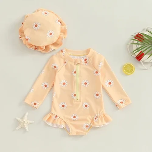 Bebek Bebek Kız Mayo Şapka ile Yürümeye Başlayan Uzun Kollu Çiçek Baskı Fermuarlı Mayo Bikini Çocuk Mayo Çocuk Mayo