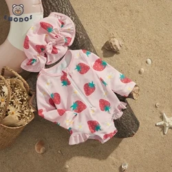 EWODOS Tập Đi Cho Bé Gái Mùa Hè Phát Ban Bảo Vệ Đồ Bơi Dài Tay In Hình Dâu Tây Áo Tắm + Mũ Chống Nắng Đi Biển Bộ