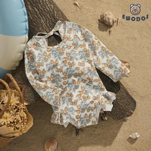 EWODOS 1-4 Tahun Balita Bayi Anak Perempuan Musim Panas Pakaian Renang Manis Cetak Bunga Lengan Panjang Ruffles Baju Renang Pakaian Renang Pakaian Renang