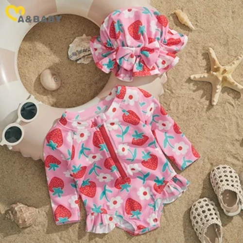 ma&baby 6M-3Y Kopalke za malčke, dojenčke, otroke, punčke, poletne kopalke s cvetličnim potiskom in naborki, kape, kopalne obleke, oblačila za plažo